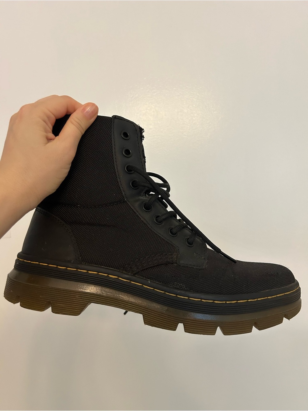 Dr. Martens Black Canvas Combat Boot with Translucent Brown Lug Sole